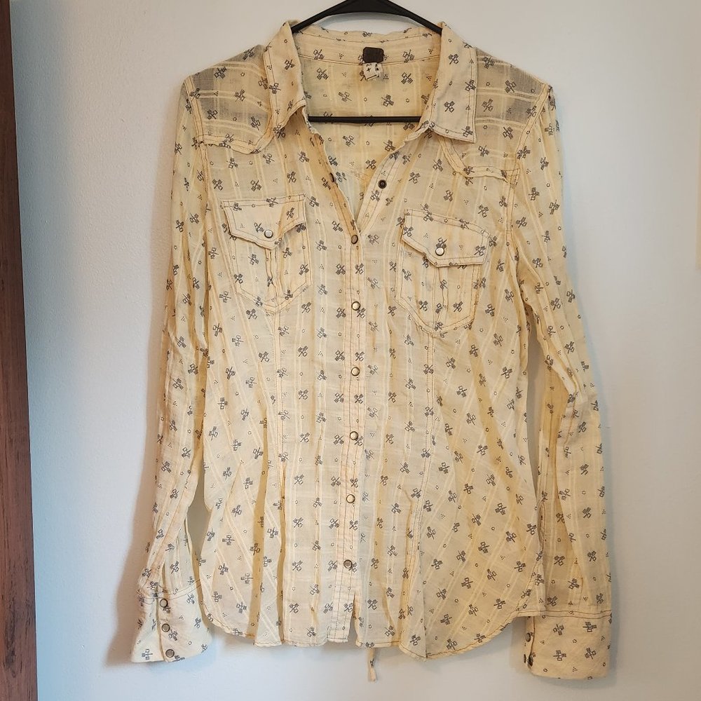Free People pale yellow and blue button down blouse